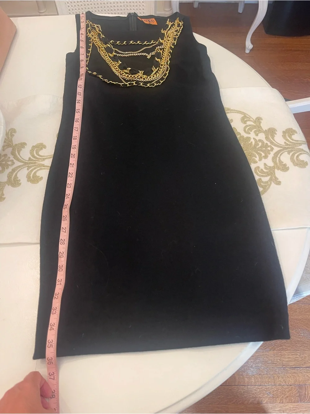 Tory Burch Black Mini Dress with Gold Chain Detail